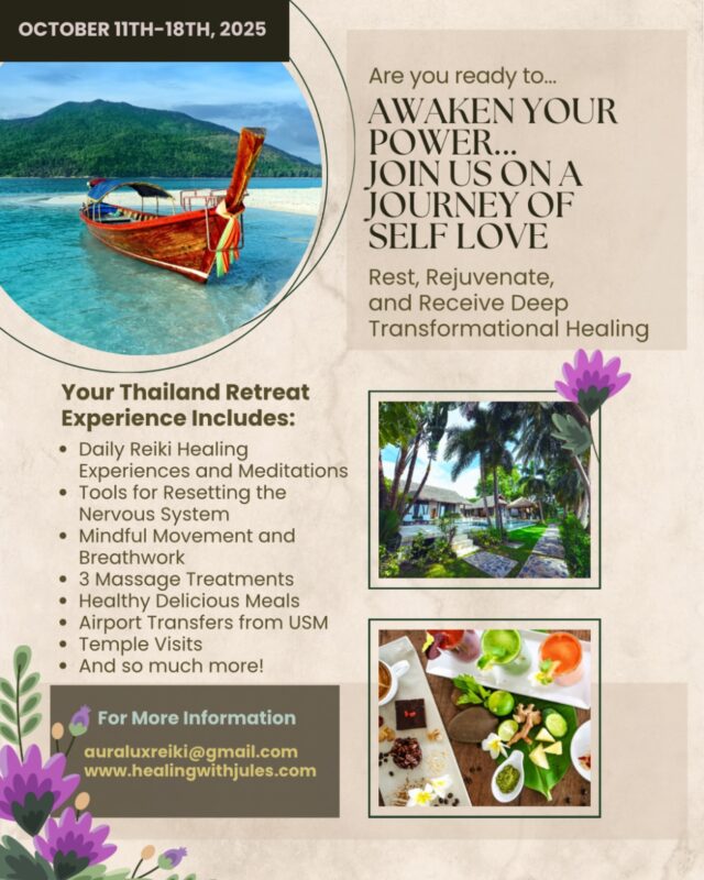 Join us for a healing journey on the beautiful island of Koh Samui in Thailand.

Master Spiritual Teacher Jules Davis has curated a retreat that will nourish your mind, body and soul with various tools to help you reduce stress from your body, and reignite or establish a new self care system in your life.

The goal of this retreat is to rebalance your entire being, so that you can leave with a new sense of relaxation, rejuvenation, and empowerment. We will have daily workshops and healing experiences designed to help you remove blocks that are holding you back from manifesting your goals, deeply relax your nervous system, and find the balance in your life again.

This retreat will provide you with maximum self care amongst a likeminded and supportive intimate community with a very experienced professional spiritual teacher, intuitive energy healer and psychic/medium. This will be a profoundly restorative week!

Prices start at just $2995!!! Use code EARLYBIRD for a $250 discount!

#reiki #retreat #thailand #spiritualhealing #transformation #holyfirereiki #crystalhealing #crystals #healthyliving